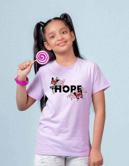 Nusyl Girl's Lilac Butterfly & Hope Text Printed Regular Fit T-Shirt
