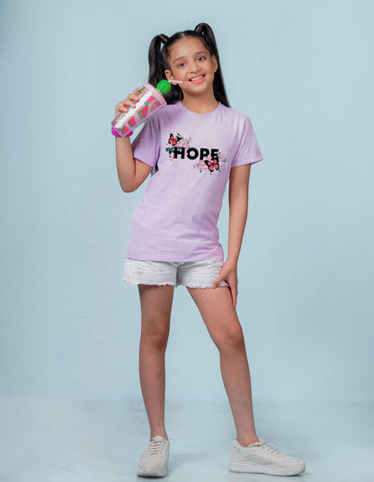 Nusyl Girl's Lilac Butterfly & Hope Text Printed Regular Fit T-Shirt