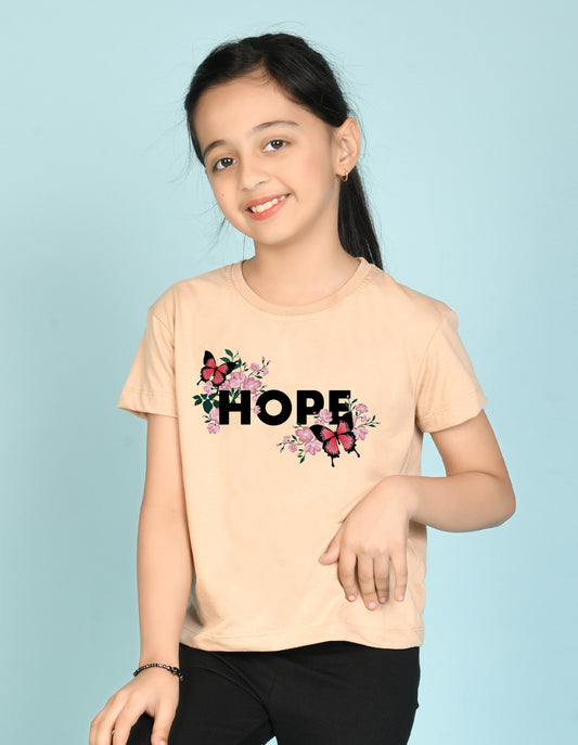 Nusyl Girl's Beige Butterfly & Hope Text Printed Regular Fit T-Shirt