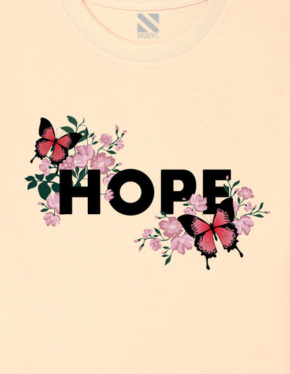 Nusyl Girl's Beige Butterfly & Hope Text Printed Regular Fit T-Shirt