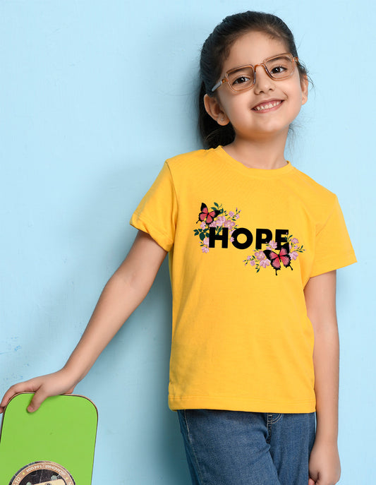 Nusyl Girl's Yellow Butterfly & Hope Text Printed Regular Fit T-Shirt