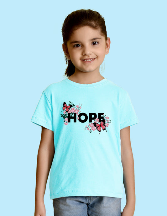 Nusyl Girl's Sky Blue Butterfly & Hope Text Printed Regular Fit T-Shirt