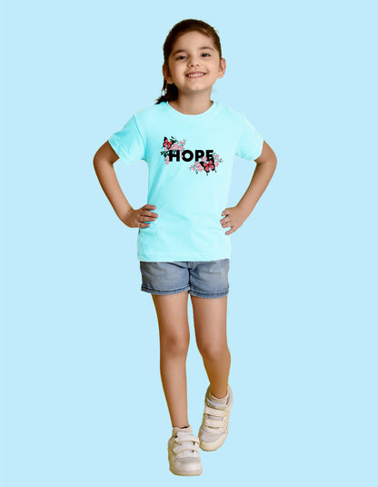 Nusyl Girl's Sky Blue Butterfly & Hope Text Printed Regular Fit T-Shirt