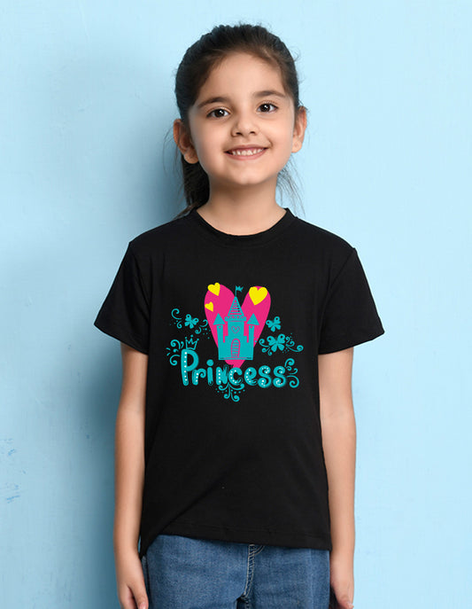 Nusyl Girl's Black Princess Text Printed Regular Fit T-Shirt