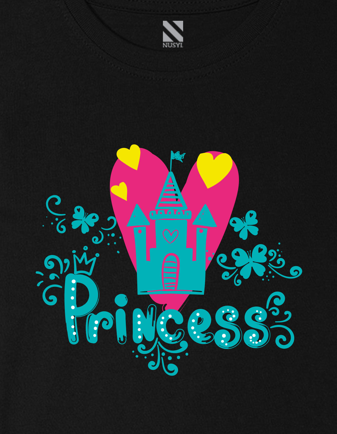 Nusyl Girl's Black Princess Text Printed Regular Fit T-Shirt