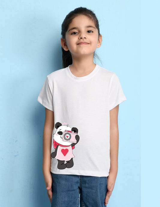 Nusyl Girl's White Panda Printed Regular Fit T-Shirt