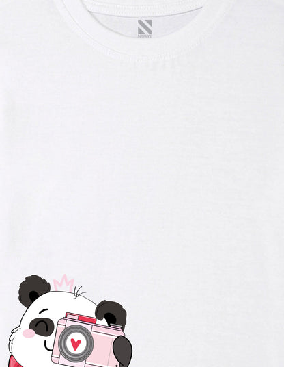 Nusyl Girl's White Panda Printed Regular Fit T-Shirt