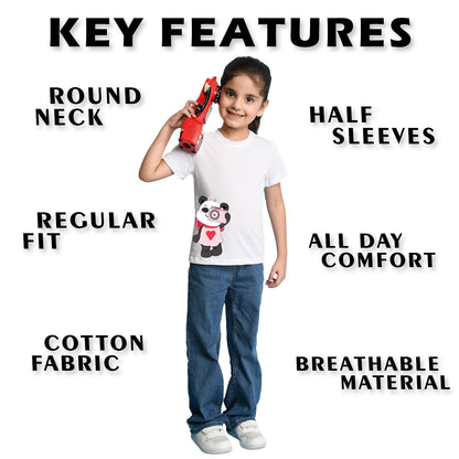 Nusyl Girl's White Panda Printed Regular Fit T-Shirt