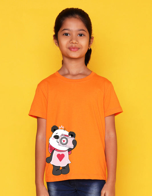 Nusyl Girl's Orange Panda Printed Regular Fit T-Shirt