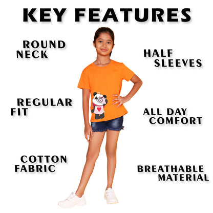 Nusyl Girl's Orange Panda Printed Regular Fit T-Shirt