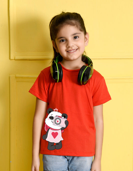 Nusyl Girl's Red Panda Printed Regular Fit T-Shirt