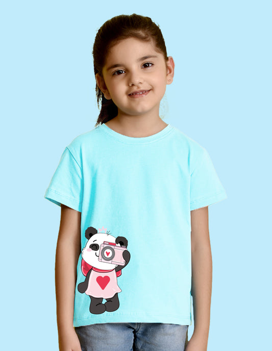 Nusyl Girl's Sky Blue Panda Printed Regular Fit T-Shirt