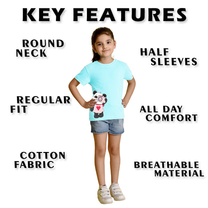 Nusyl Girl's Sky Blue Panda Printed Regular Fit T-Shirt