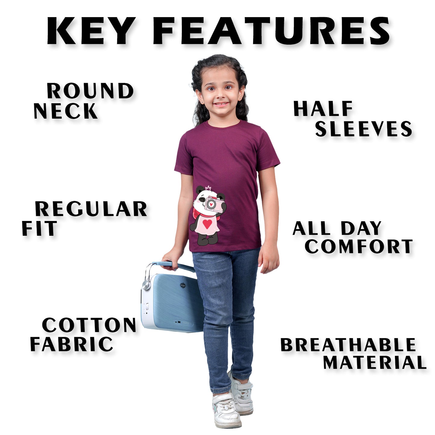 Nusyl Girl's Wine Panda Printed Regular Fit T-Shirt
