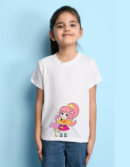 Nusyl Girl's White Flamingo Cute Girl Printed Regular Fit T-Shirt