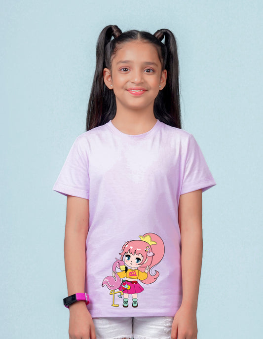 Nusyl Girl's Lilac Flamingo Cute Girl Printed Regular Fit T-Shirt