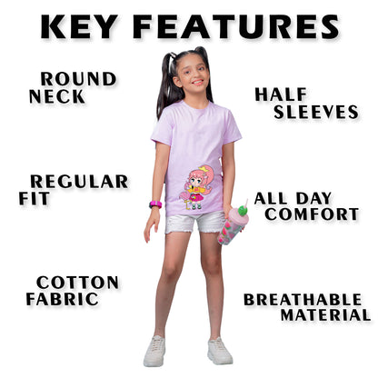 Nusyl Girl's Lilac Flamingo Cute Girl Printed Regular Fit T-Shirt