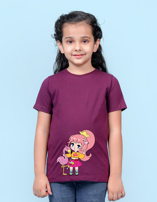 Nusyl Girl's Wine Flamingo Cute Girl Printed Regular Fit T-Shirt