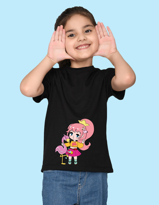 Nusyl Girl's Black Flamingo Cute Girl Printed Regular Fit T-Shirt