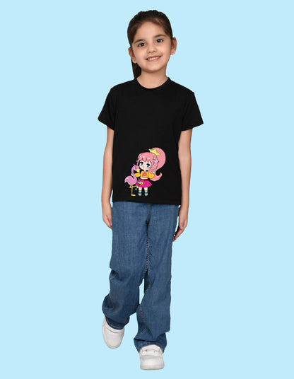 Nusyl Girl's Black Flamingo Cute Girl Printed Regular Fit T-Shirt