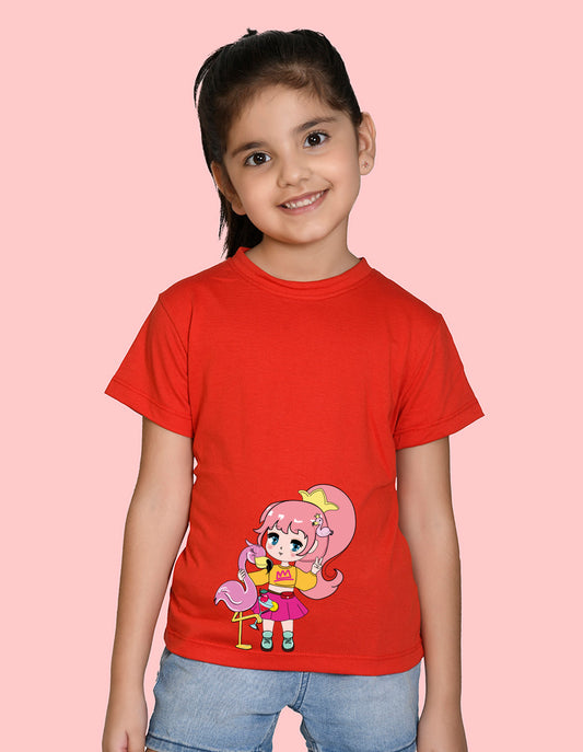 Nusyl Girl's Red Flamingo Cute Girl Printed Regular Fit T-Shirt