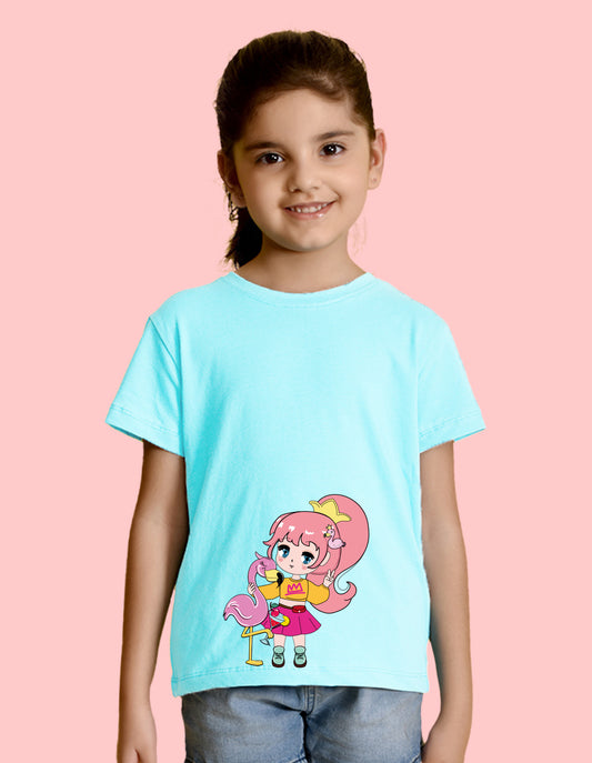 Nusyl Girl's Sky Blue Flamingo Cute Girl Printed Regular Fit T-Shirt