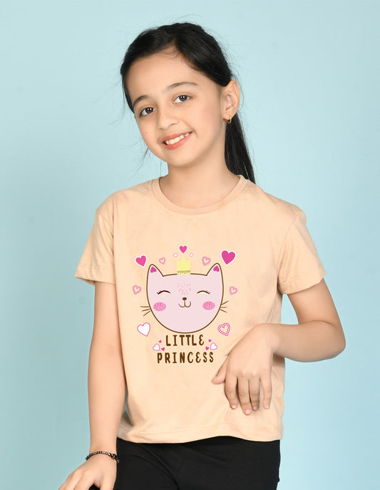 Nusyl Girl's Beige Little Princess Text Printed Regular Fit T-Shirt