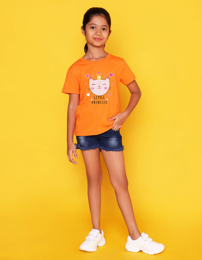 Nusyl Girl's Orange Little Princess Text Printed Regular Fit T-Shirt