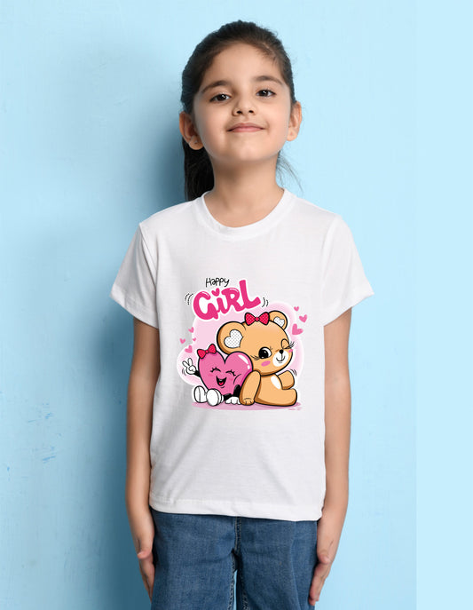 Nusyl Girl's White Cute Teddy Bear & Text Printed Regular Fit T-Shirt