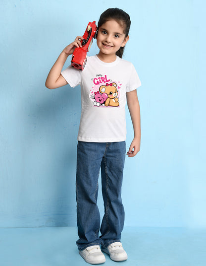Nusyl Girl's White Cute Teddy Bear & Text Printed Regular Fit T-Shirt