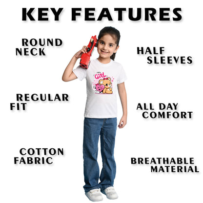 Nusyl Girl's White Cute Teddy Bear & Text Printed Regular Fit T-Shirt