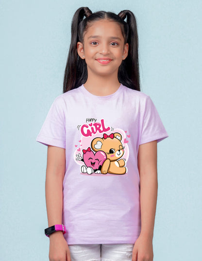 Nusyl Girl's Lilac Cute Teddy Bear & Text Printed Regular Fit T-Shirt