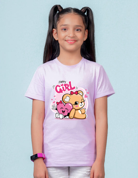 Nusyl Girl's Lilac Cute Teddy Bear & Text Printed Regular Fit T-Shirt