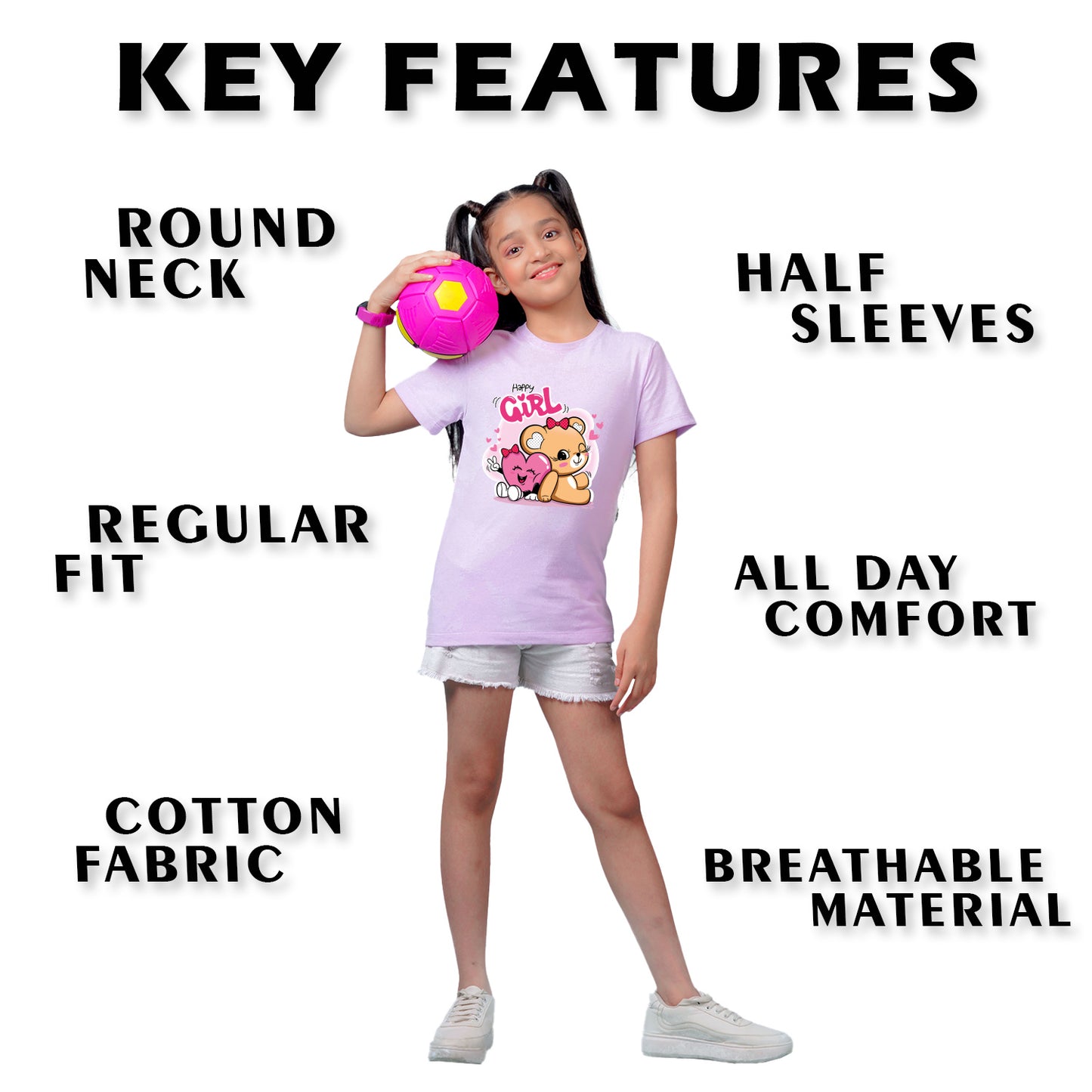 Nusyl Girl's Lilac Cute Teddy Bear & Text Printed Regular Fit T-Shirt