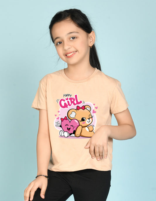 Nusyl Girl's Beige Cute Teddy Bear & Text Printed Regular Fit T-Shirt