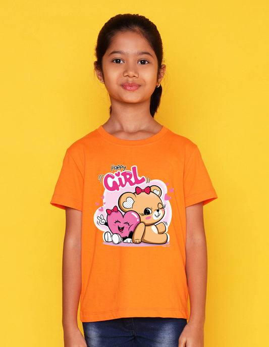 Nusyl Girl's Orange Cute Teddy Bear & Text Printed Regular Fit T-Shirt