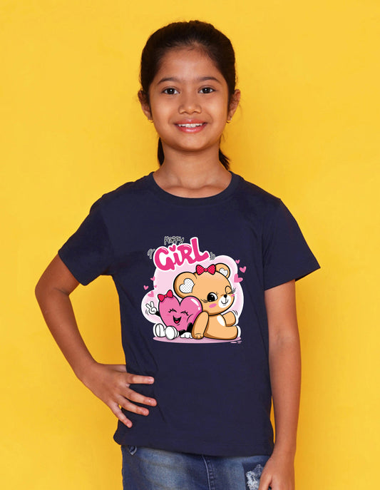 Nusyl Girl's Navy Blue Cute Teddy Bear & Text Printed Regular Fit T-Shirt