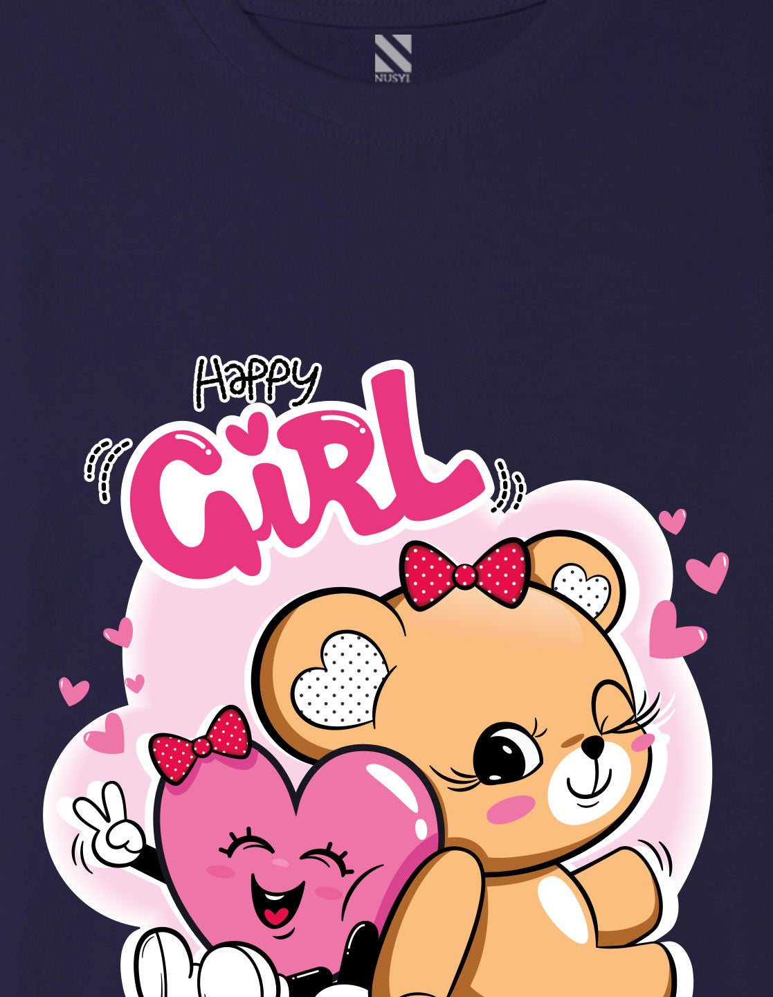 Nusyl Girl's Navy Blue Cute Teddy Bear & Text Printed Regular Fit T-Shirt