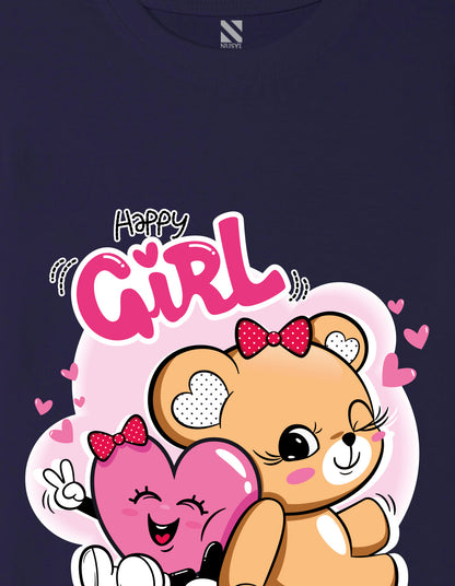 Nusyl Girl's Navy Blue Cute Teddy Bear & Text Printed Regular Fit T-Shirt