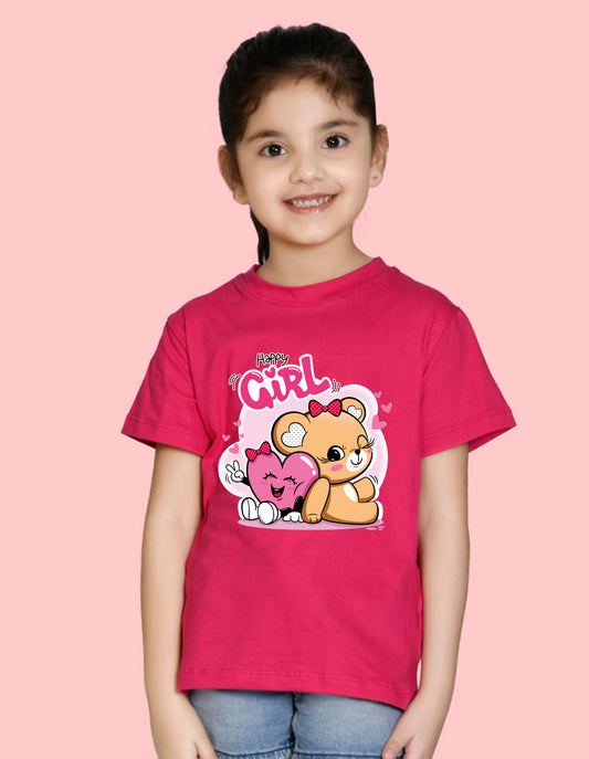 Nusyl Girl's Hot Pink Cute Teddy Bear & Text Printed Regular Fit T-Shirt