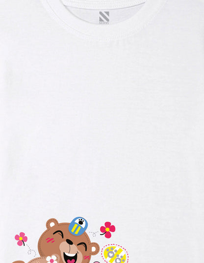 Nusyl Girl's White Cute Bears & Text Printed Regular Fit T-Shirt