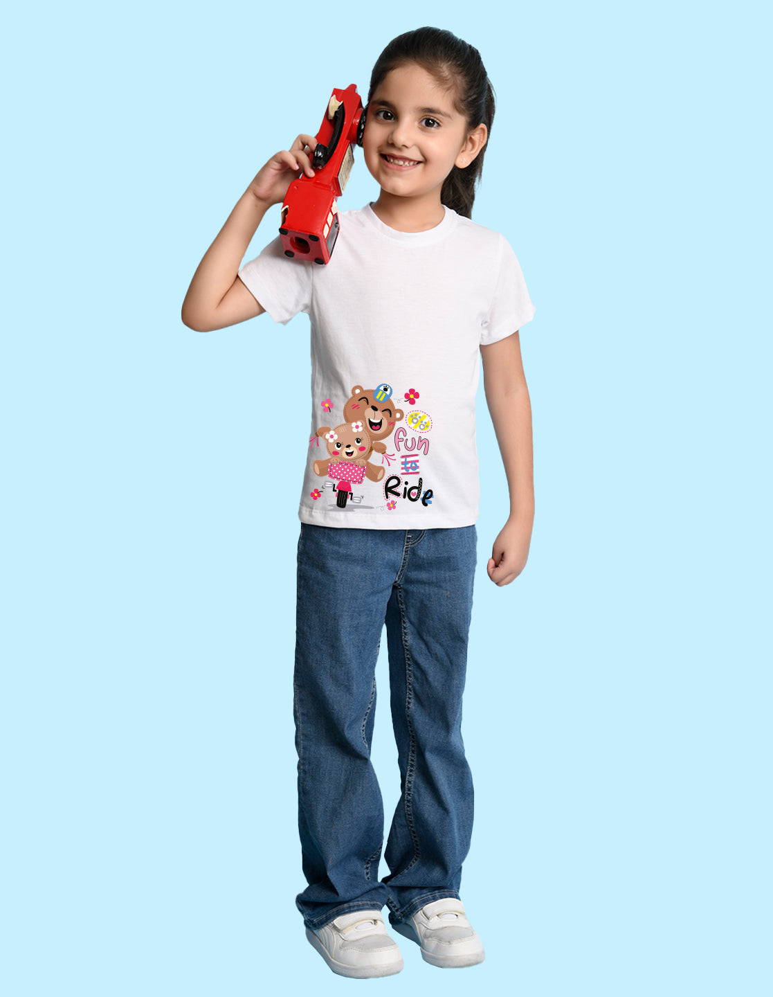 Nusyl Girl's White Cute Bears & Text Printed Regular Fit T-Shirt