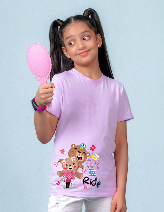 Nusyl Girl's Lilac Cute Bears & Text Printed Regular Fit T-Shirt