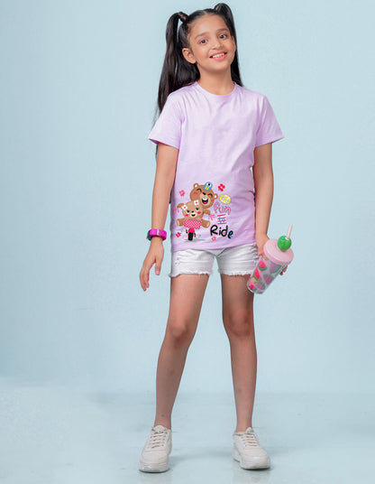 Nusyl Girl's Lilac Cute Bears & Text Printed Regular Fit T-Shirt