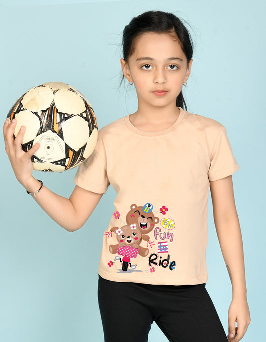 Nusyl Girl's Beige Cute Bears & Text Printed Regular Fit T-Shirt