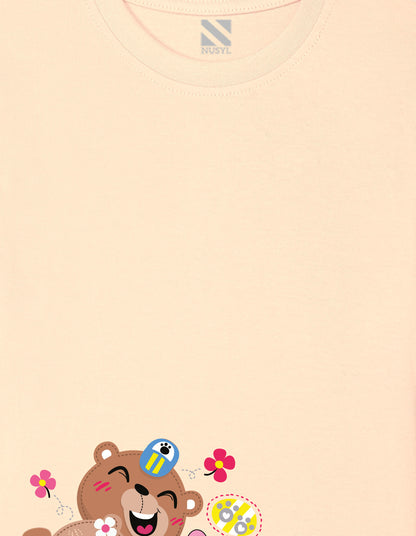 Nusyl Girl's Beige Cute Bears & Text Printed Regular Fit T-Shirt