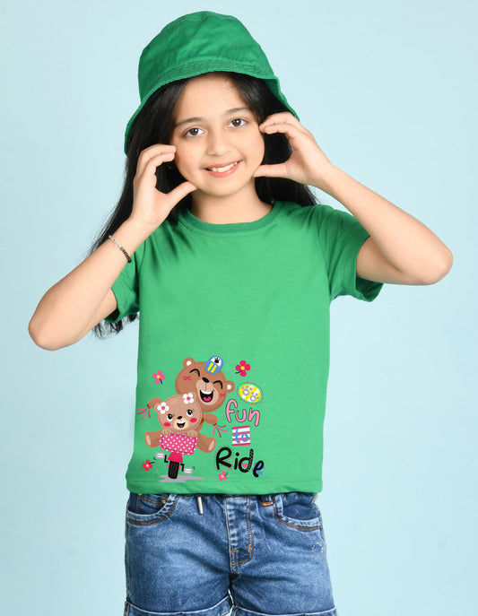 Nusyl Girl's Green Cute Bears & Text Printed Regular Fit T-Shirt