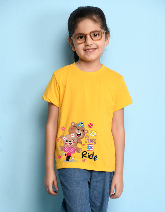 Nusyl Girl's Yellow Cute Bears & Text Printed Regular Fit T-Shirt
