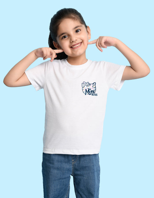 Nusyl Girl's White Mini Boss Text Printed Regular Fit T-Shirt