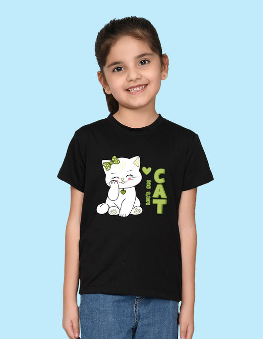 Nusyl Girl's Black Cute cat & Text Printed Regular Fit T-Shirt